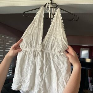 Zaful White Halter Top with Pom Pom Detail